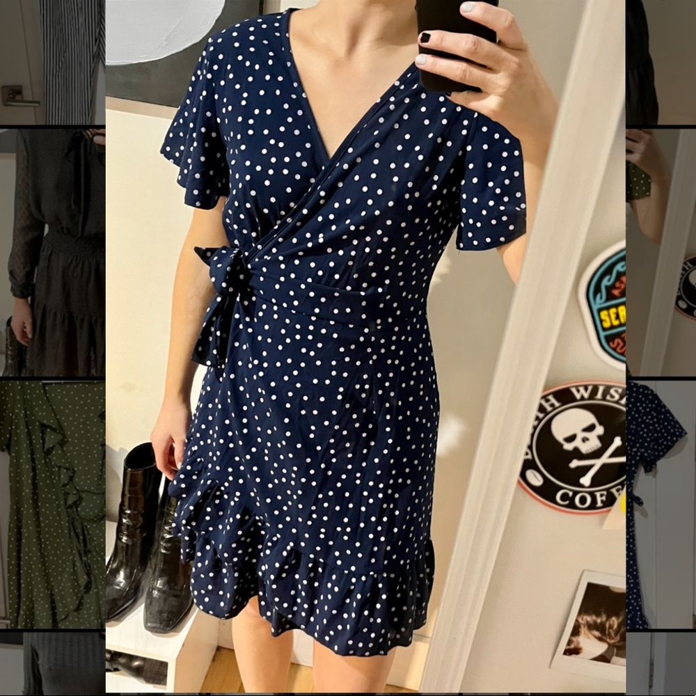Blue polka dot wrap dress